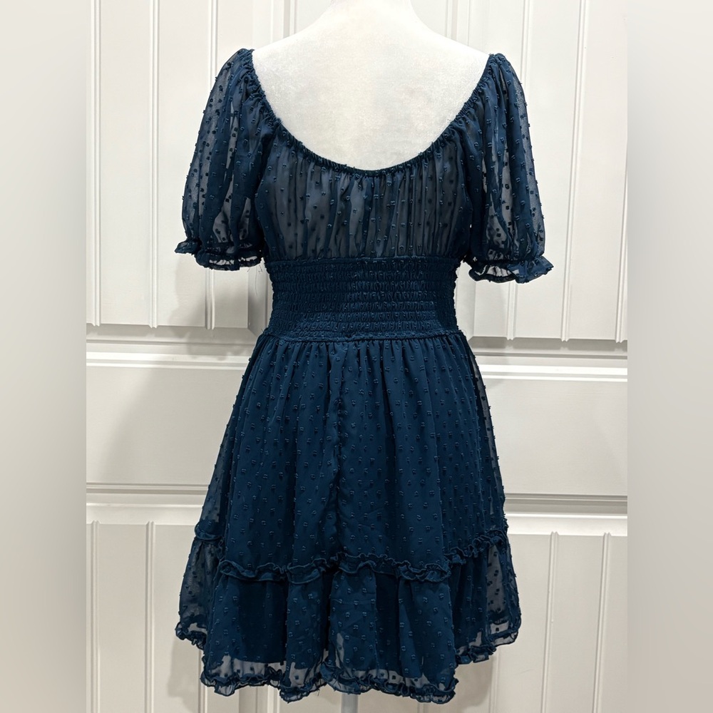 Altar'd State Navy Swiss Dot Puff Sleeve Mini Dress - Picture 2 of 7